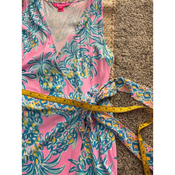 Lilly Pulitzer Pink Pineapple Sleeveless Wrap Dress Ruffle Hem Medium - Picture 5 of 10